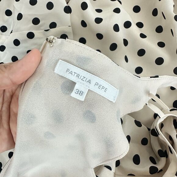 Patrizia Pepe 100%Silk Polka Dot Black Cream Dress Size 38 Cold Shoulder Lined - Picture 13 of 14